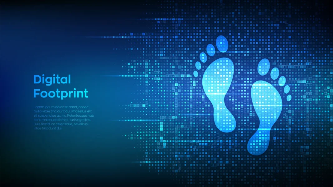 Blue glowing footprints over a pixelated data matrix with the words “Digital Footprint,” symbolising how online actions are tracked and remembered.