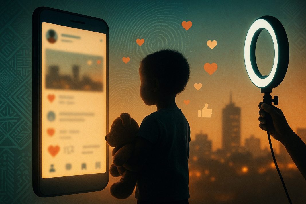 Silhouette of a young child holding a teddy bear while being filmed on a smartphone with a ring light in a dim room, illustrating concerns about children on social media.