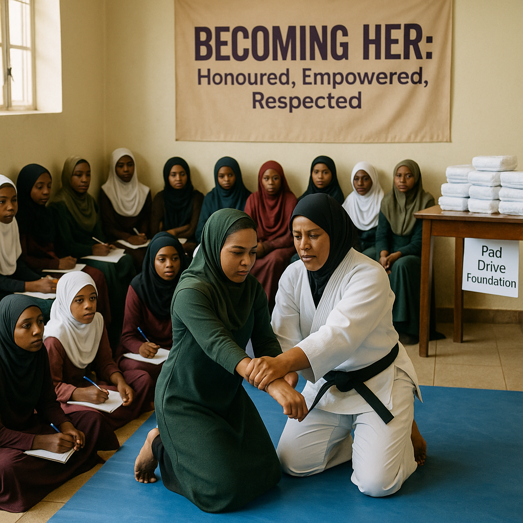 High-resolution photo of Muslim girls at Barham Green Masjid in Bulawayo, Zimbabwe, watching a female instructor demonstrate a jiu-jitsu wrist-escape during the “Becoming Her” mentorship, with a Pad Drive Foundation table for menstrual-health support.