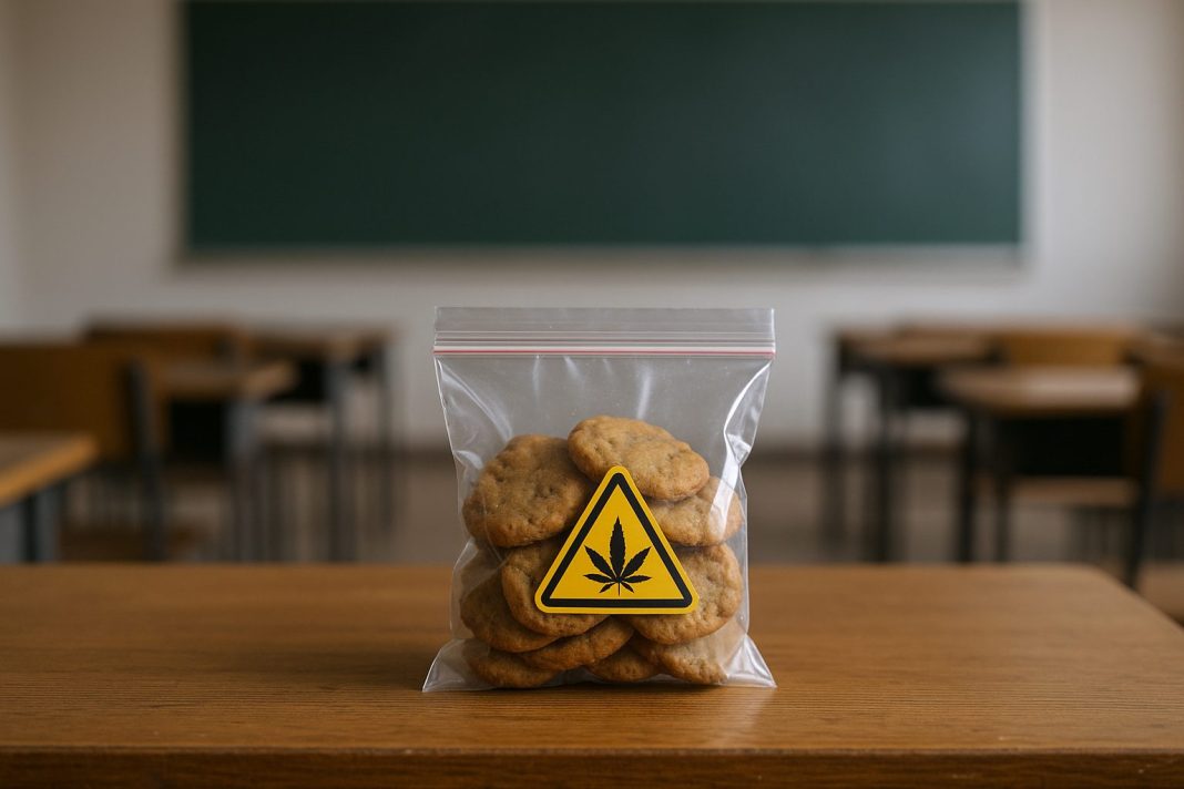 Clear Ziplock bag filled with ganga laced cookies bearing a triangular cannabis warning label on a wooden classroom desk, blurred chalkboard in the background.