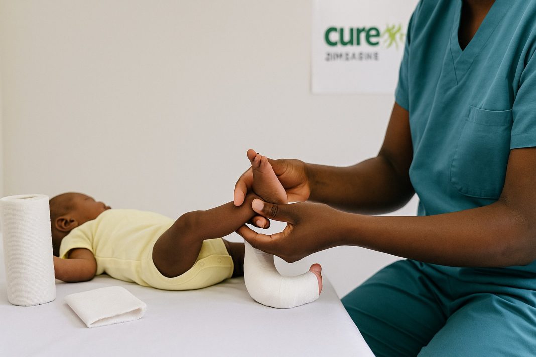 Clinician in teal scrubs holds and positions a baby’s foot with a white cast on a treatment table; clinic supplies and a CURE Zimbabwe poster visible.