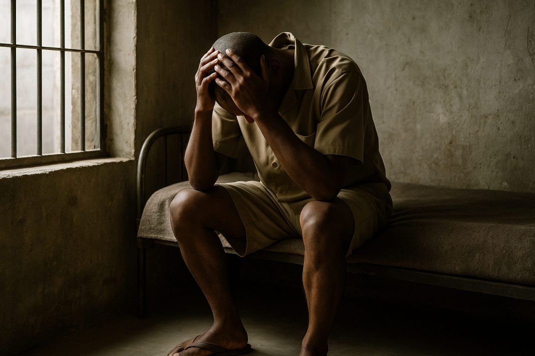 Illustration of a man in khaki Zimbabwean prison uniform sitting on a cell bed with his head in his hands beside barred windows.