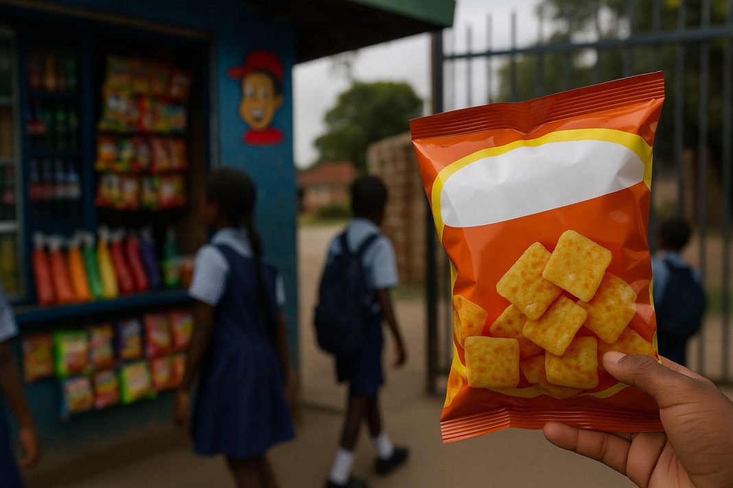 Close-up of a bright snack packet with a blank front where a warning label would be, held outside a Harare school tuckshop as pupils walk past.