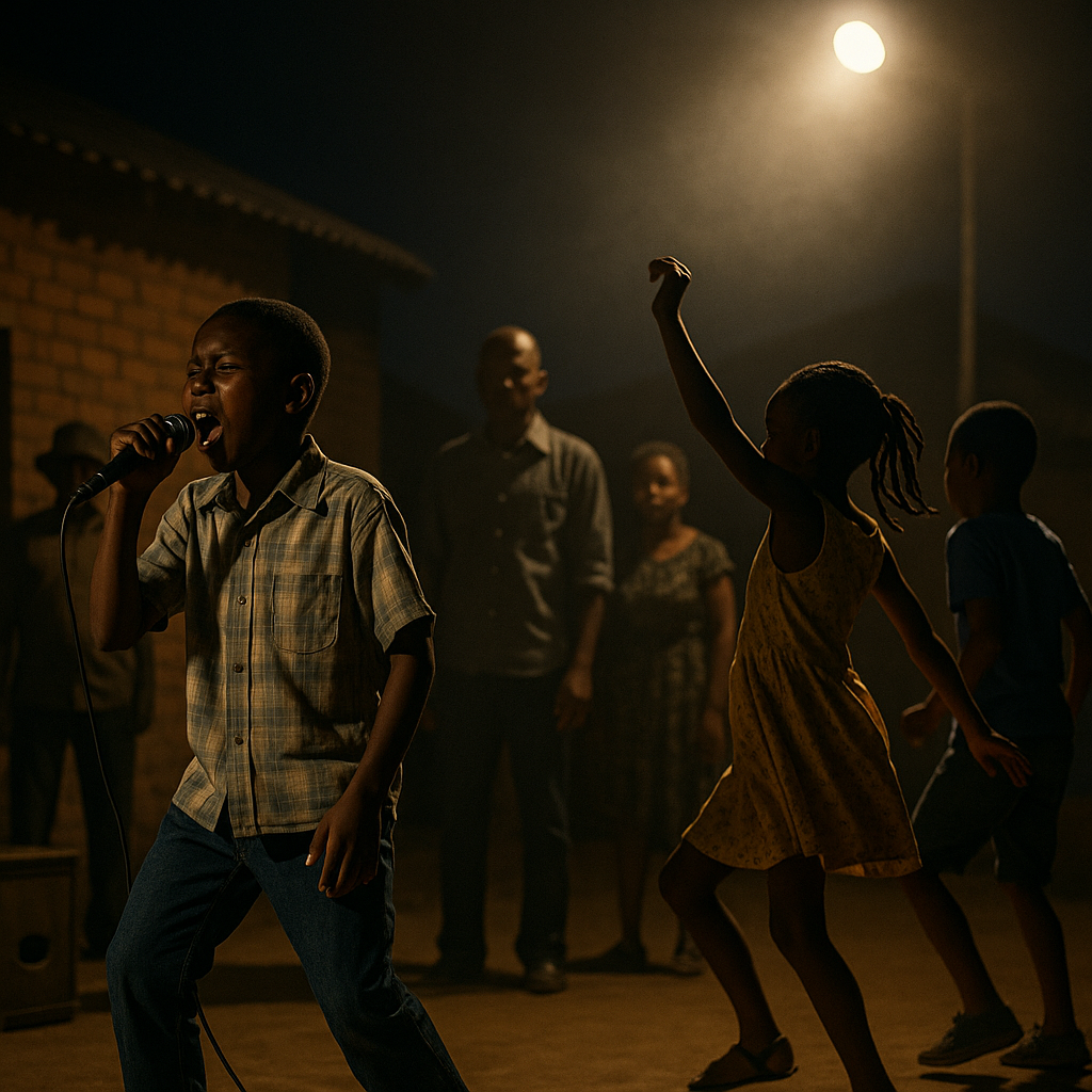 Young Zimbabwean boy singing passionately into a microphone at night on a dusty street, with other children dancing and adults watching in the background under a single streetlight.