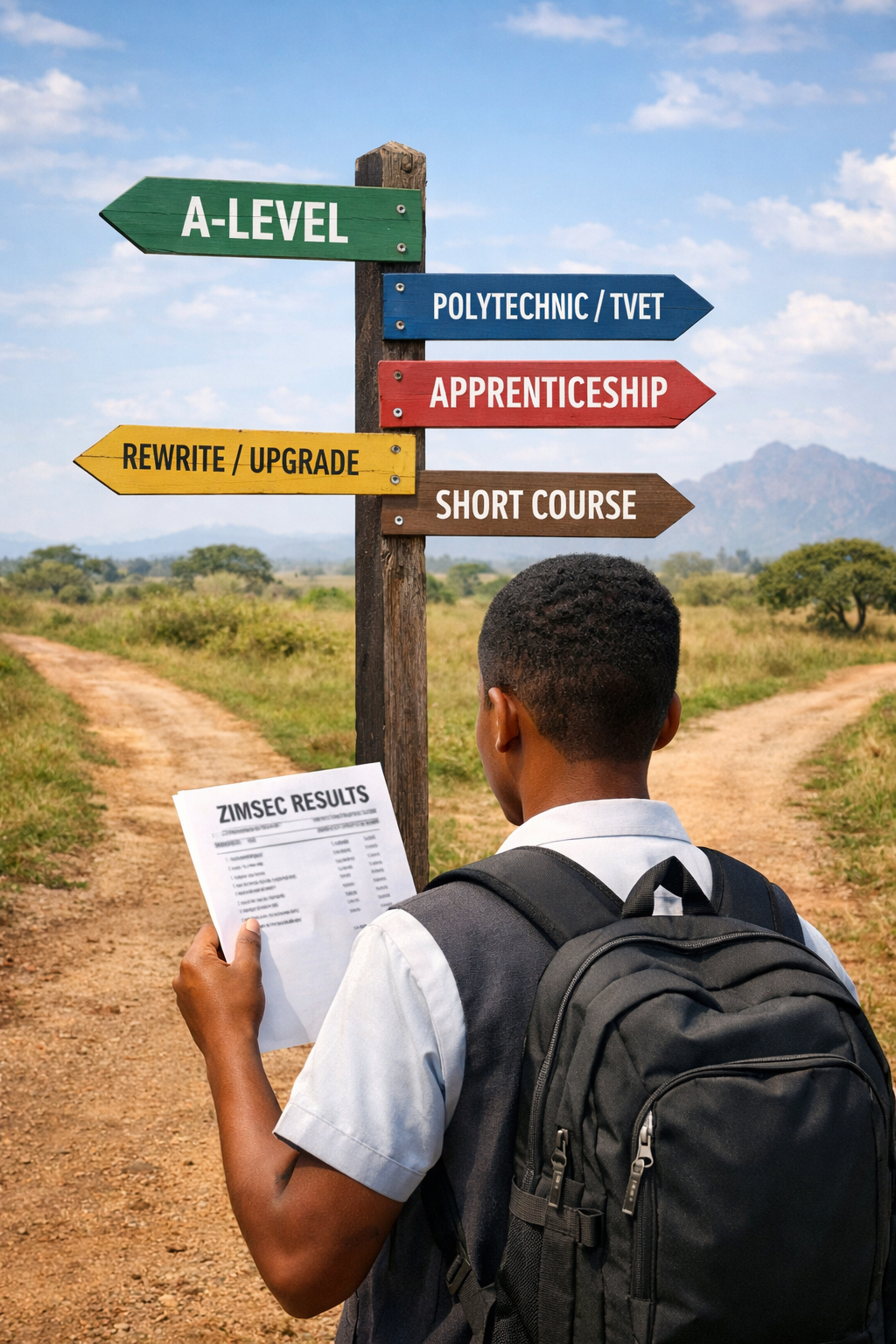Zimbabwean student holding a ZIMSEC results slip at a crossroads sign showing education options such as A-Level, Polytechnic, Apprenticeship and Skills Training.