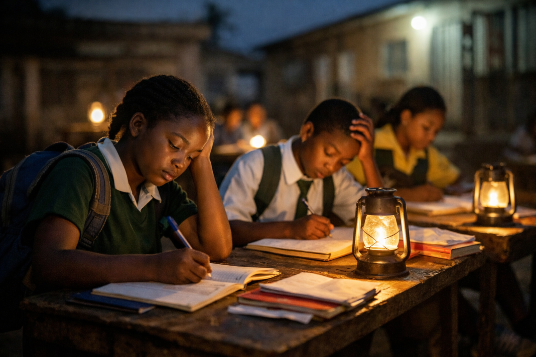 Learners study outdoors at night by lantern light, with exercise books open on a table.