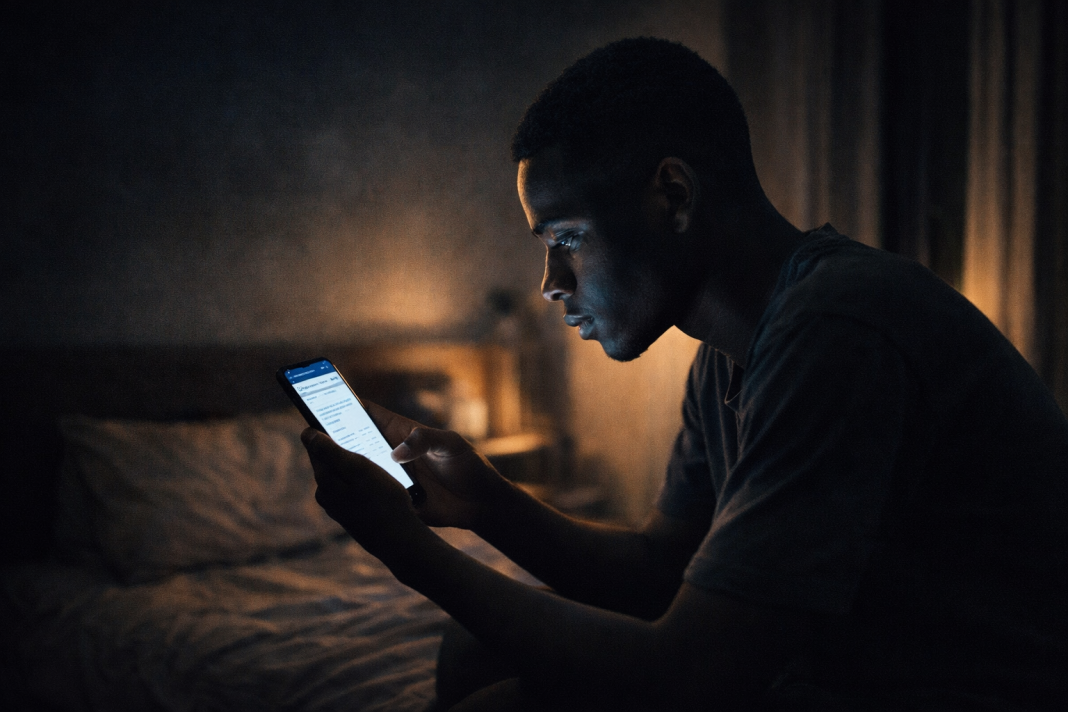 A young Black Zimbabwean student sits on a bed in a dim room at night, looking anxiously at exam results on his smartphone.