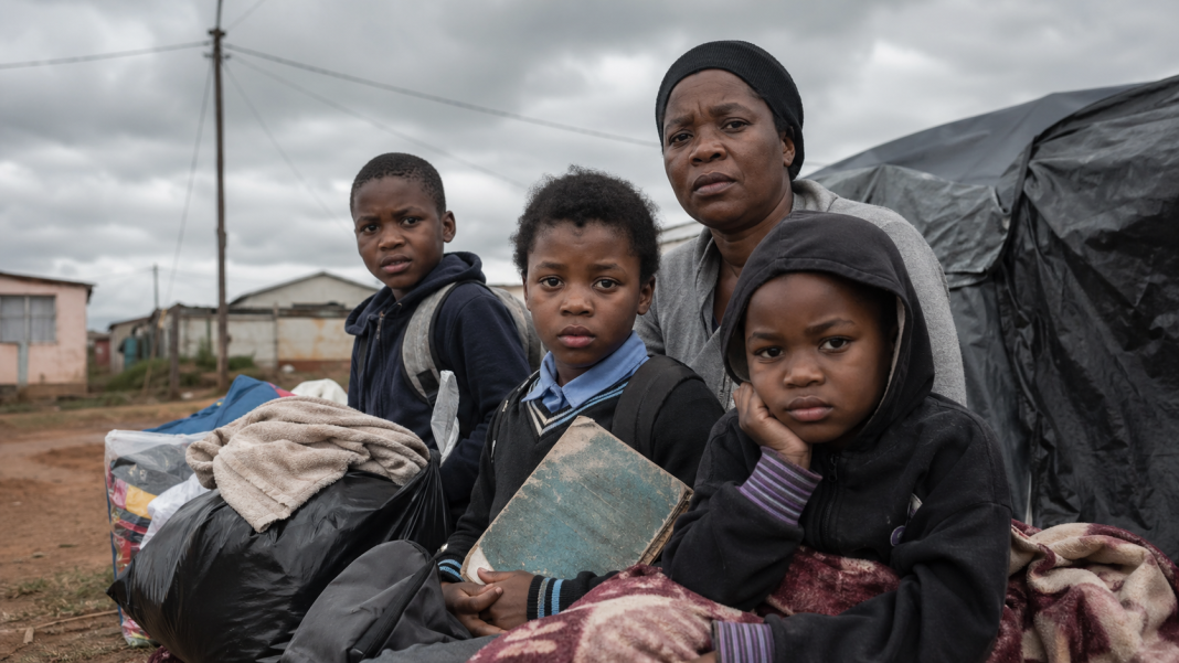 Displaced Zimbabwean children sit with their mother and belongings in South Africa after xenophobic violence.
