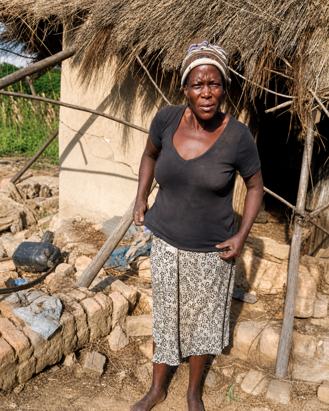 Chipo Gadzira stands outside her rural home in Buhera after a well-wisher paid school fees for her orphaned grandchildren.