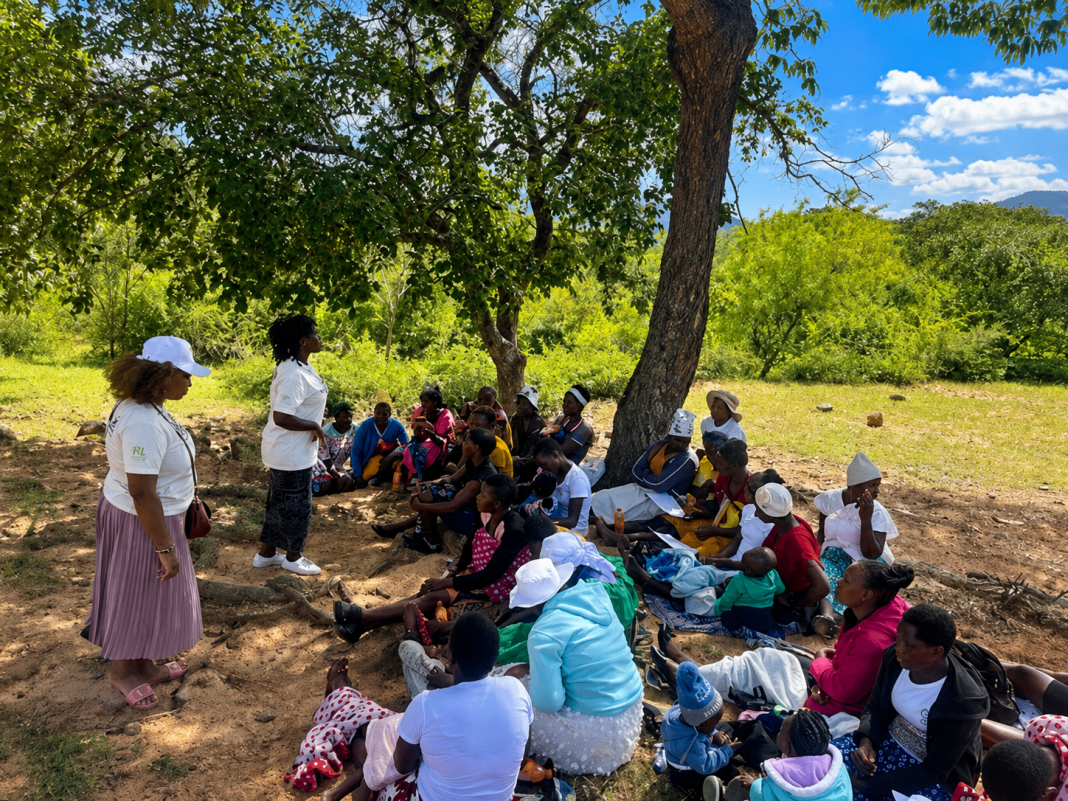 Girls and young women attend a Shamwari Yemwanasikana leadership session under a tree in Chigombwe, Mutare