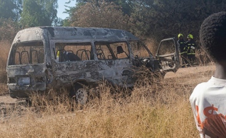 Burnt kombi at the scene of the Gweru fire in which seven schoolchildren died.
