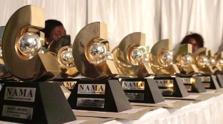 NAMA trophies lined up at the National Arts Merit Awards