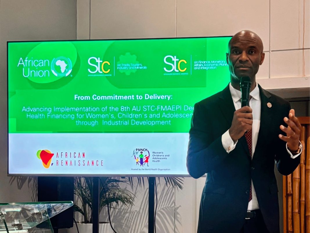 Dr. Patrick Ndzana Olomo speaks about child health funding at an African Union meeting
