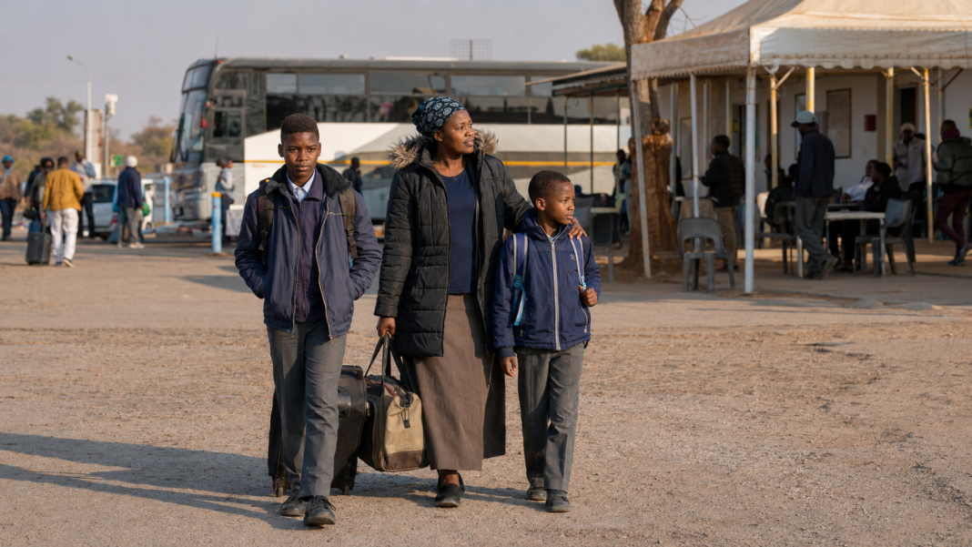 Returnee children arriving in Zimbabwe from South Africa with their mother