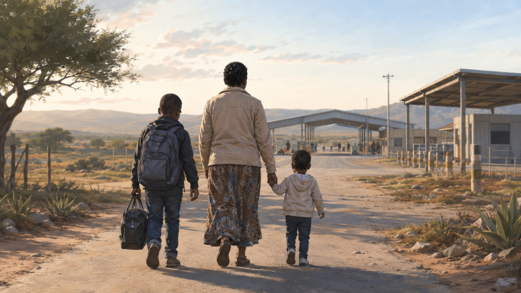 Illustration of Black children walking with a caregiver toward a border reception area
