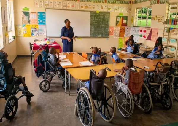 A teacher leading learners, several using wheelchairs, during a classroom lesson.