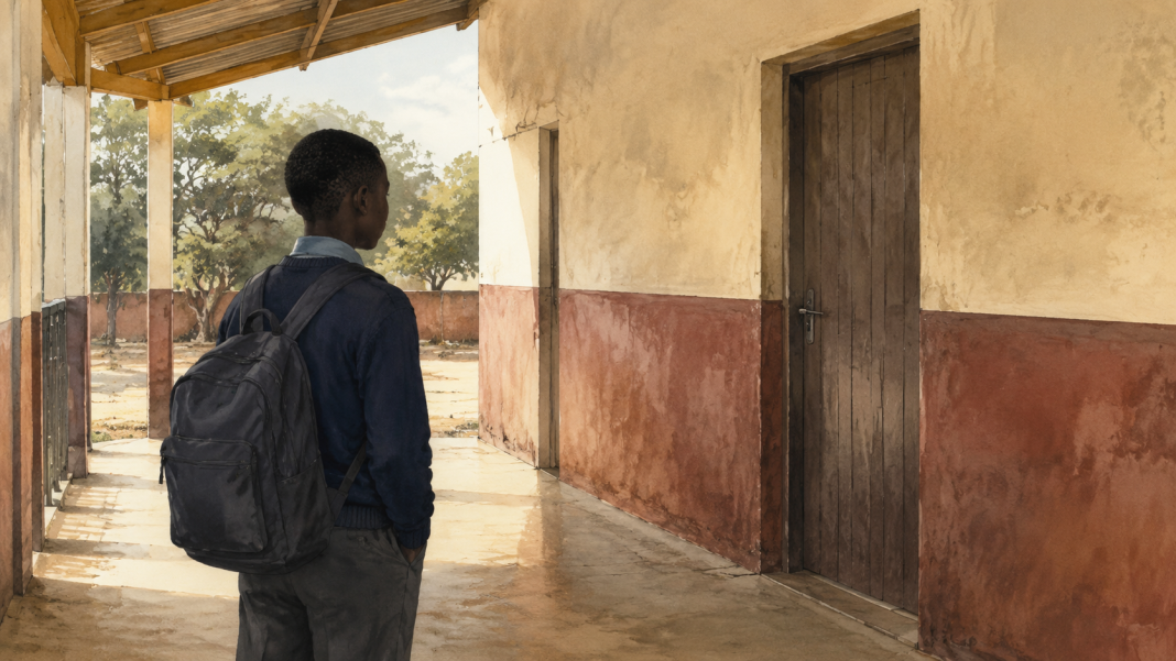 Editorial illustration of a Zimbabwean schoolboy standing outside a closed school toilet. Image description: An AI-generated editorial illustration of a schoolboy hesitating outside a toilet at a Zimbabwean school. The image reflects Tapiwa’s experience while protecting his identity. Image credit: AI-generated editorial illustration for Children’s Voices Media tags: intersex children, Zimbabwe, child rights, school health, school toilets, child privacy, health care, Tapiwa, Children’s Voices